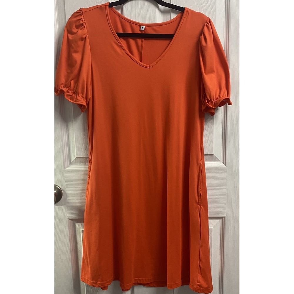 Unbranded Woman's Orange‎ Puff Sleeve V-Neck Dress W/pockets Sz.L